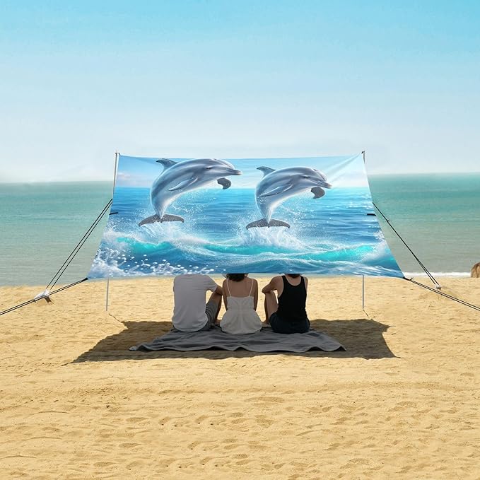 Sea Jumping Dolphins Beach Tent Sun Shelter Set UPF50+ UV Protection 10.5 x 9.19 FT Camping Shade Canopy with Sandbags Sand Anchors Carrying Bag and Others