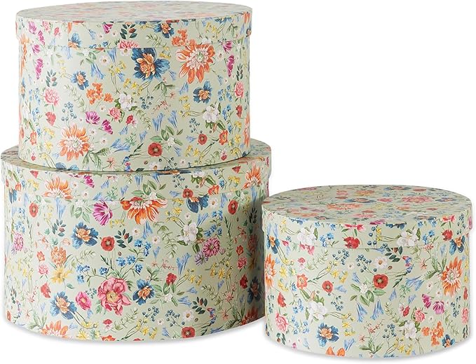 Soul &amp Lane Botanica Bliss Green Round Hat Boxes with Lids - Set of 3 Nesting Cardboard Hat Storage Boho Floral Print Cases Circle Stacking Decorative Keepsake Boxes