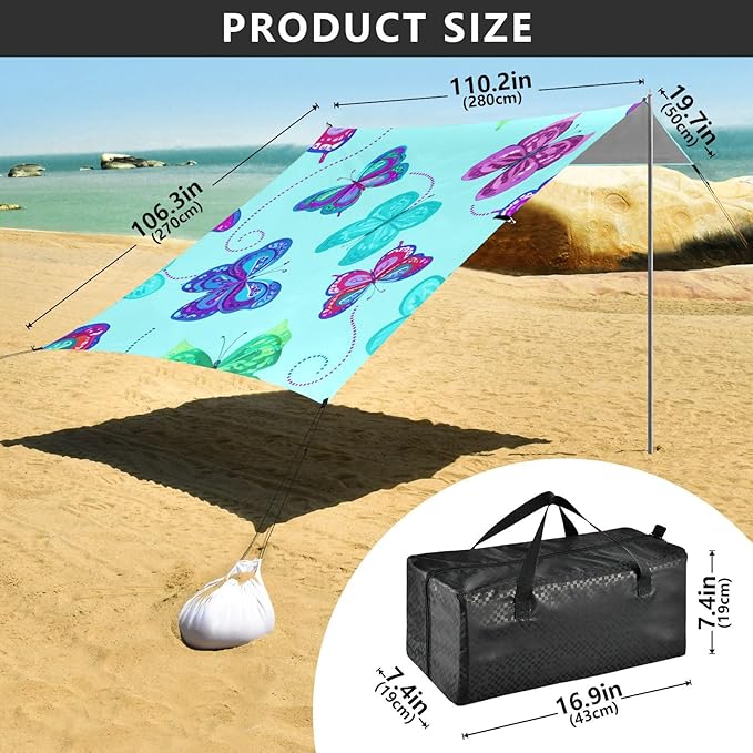Beach Canopy with Windproof Ropes &amp Sandbags Beach Tent Sun Shade Sun Shelter for Camping Trips Fishing Backyard Fun or Picnics Butterflies