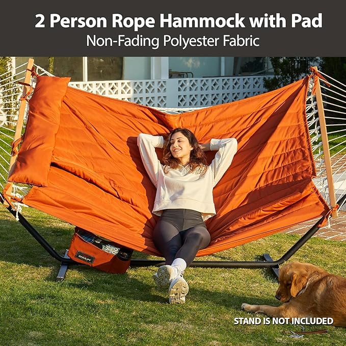 CHULIM Outdoor Double Hammock with Hardwood Spreader Bars Large Rope Hammock with Polyester Pad and Pillow 475 LBS Capacity for 2 Person Patio Backyard Poolside - Terracotta