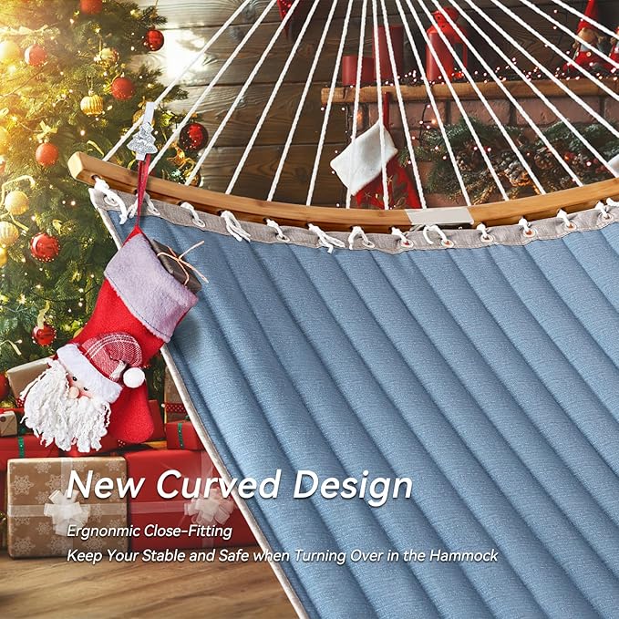 Double Hammock 11 FT Quilted Fabric 2 Person Hammock for Outside with Pillow Folding Curved Spreader Bar Chains Carrying Bag Indoor Outdoor 450 IB Capacity JeansBlue