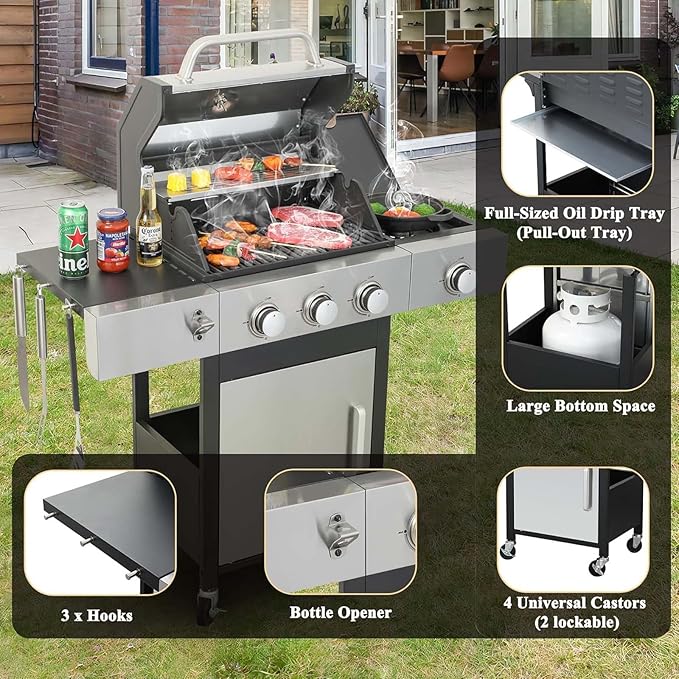 3-Burner Propane Gas BBQ Grill with Side Burner &amp Porcelain-Enameled Cast Iron Grates 37230 BTU Output Stainless Steel Grill for Cooking Kitchen Patio Backyard Barbecue