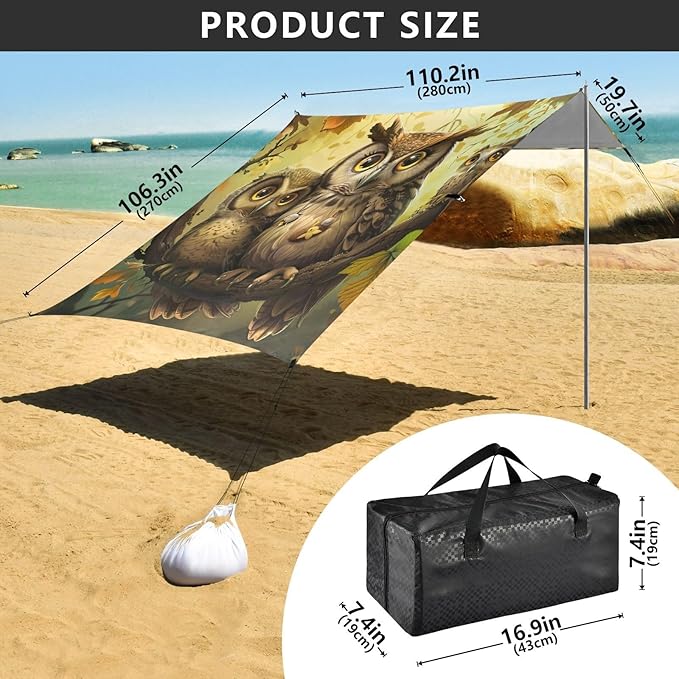 ALAZA Cute Owl Family Beach Tent Sun Shelter Portable Canopy Sunshade for Outdoor Camping Picnics Backyard Fun 10x9 ft