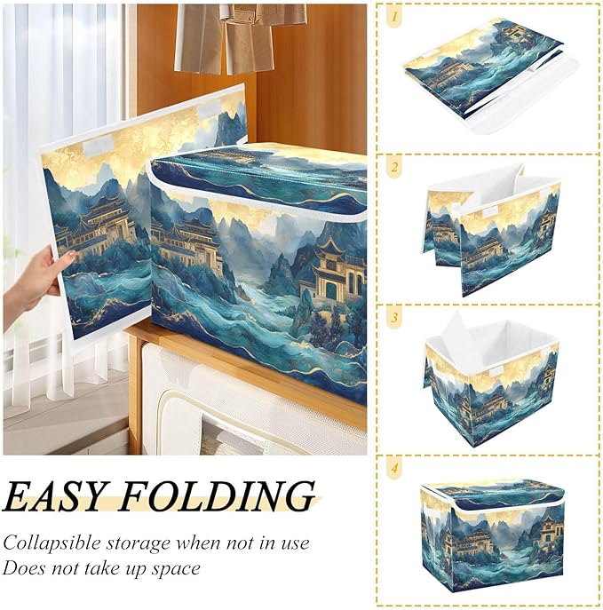 AIXIWAWA Lidded Storage Cube (Chinese Landscape) Fabric Foldable Closet Bins with Flip Lid and Handles Organizer Basket Container 16.5 x 12.6 x 11.8 IN