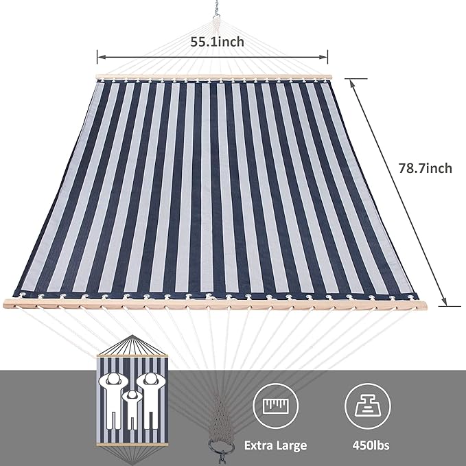 SUNCREAT Hammocks Standing Backyard Hammock with Stand 2 Person Heavy Duty Hammock with 13.5 ft Wooden Stand Blue Stripe