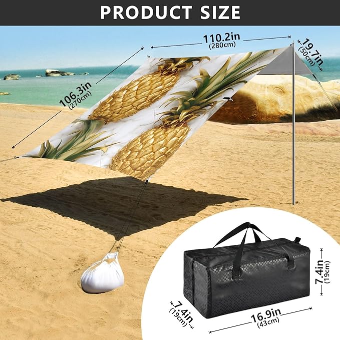 ALAZA Pineapples Marble Background Beach Tent Sun Shelter Portable Canopy Sunshade for Outdoor Camping Picnics Backyard Fun 10x9 ft