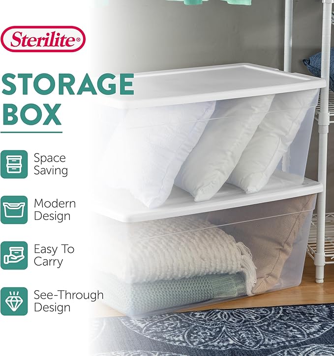 Sterilite 8-Pack 90 Quart Storage Box Stackable Clear Plastic Bins with Snap-On Lids - Heavy-Duty Organizing Containers for Closet Bathroom and Office