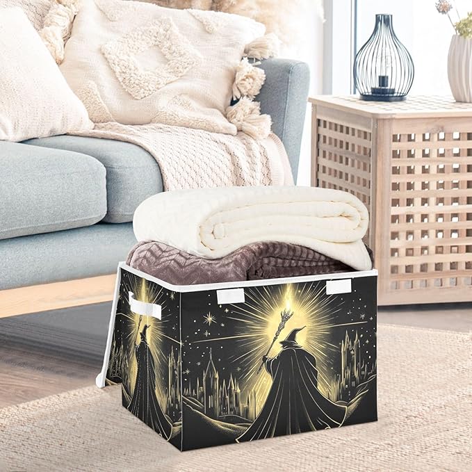 Large Storage Bins Witch Gold Black with Linen Foldable Storage Cubes Fabric Closet Organizer Containers box with Flip-Top Lid for Home Office 16.5 x 12.6 x 11.8 IN