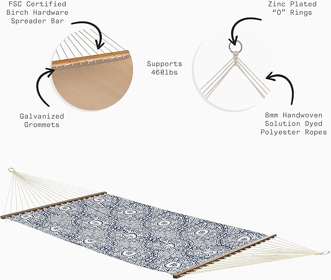 Fab Habitat Farmhouse Recycled Polyester Hammock - Spanish Tile - Blue - Indoor/Outdoor Quick Dry 2 Person 460 lbs Capacity - Patio Poolside Backyard Garden Beach Balcony - 12-14 ft Adjustable