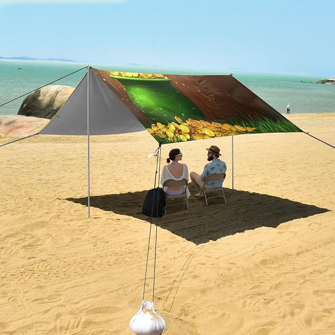 xigua St. Patrick's Day Beach Tent Sun Shelter with Carrying Bag - Silver Coated Oxford Fabric Beach Canopy for Beach Camping Fishing - Includes Windproof Ropes Sandbags &amp Stakes