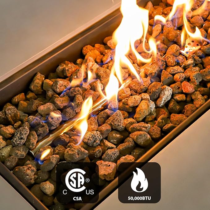 60Inch Fire Pit Table Propane with Tank Cover Windy Guard 50000 BTU Concrete Rectangle Firepit for Outside Patio with Metal Lid Lava Rocks Rain Cover Backyard Outdoor