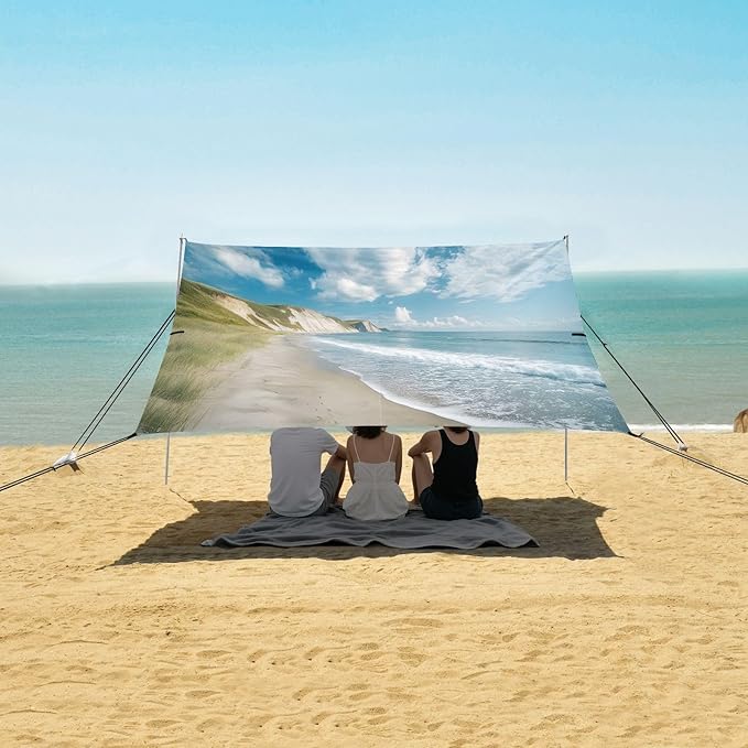 Seacoast Landscape Beach Tent Sun Shelter Set UPF50+ UV Protection 10.5 x 9.19 FT Camping Shade Canopy with Sandbags Sand Anchors Carrying Bag and Others