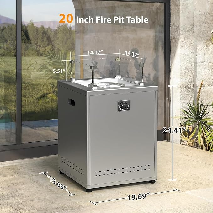 20 Square Smokeless Propane Fire Pit Table 50000 BTU Portable Outdoor Patio Heater with Lava Rocks Glass Wind Guard &amp Cover for Deck Backyard Garden Camping (Black)