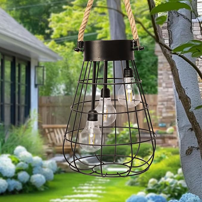 Solar Lantern 22.4 Outdoor Waterproof Solar Hanging Lights with Warm White LED Edison Bulb for Garden Patio Yard Large Lantern Black