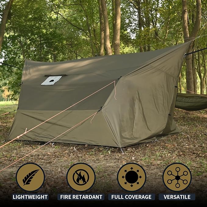 Onewind Penumbra Hot Tent 14ft Camping Hammock Tarp for 4-Season Waterpoof and Flame Retardant Hammock Rain Fly with Stove Jack for Winter Outdoor Camping OD Green