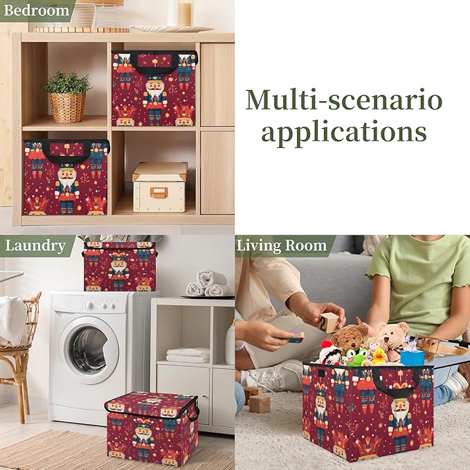 Nutcrackers Storage Basket with Lid Christmas Foldable Storage Box Fabric Storage Bins with Carrying Handles for Home Bedroom Closet Organization