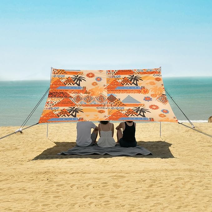 xigua Boho Tribal Aztec Beach Tent Sun Shelter with Carrying Bag - Silver Coated Oxford Fabric Beach Canopy for Beach Camping Fishing - Includes Windproof Ropes Sandbags &amp Stakes