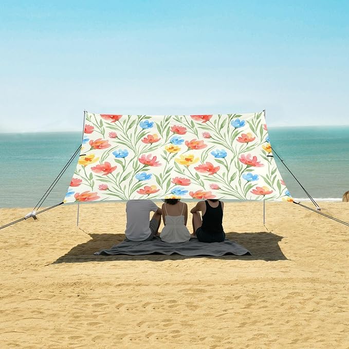 xigua Wildflowers Beach Tent Sun Shelter with Carrying Bag - Silver Coated Oxford Fabric Beach Canopy for Beach Camping Fishing - Includes Windproof Ropes Sandbags &amp Stakes