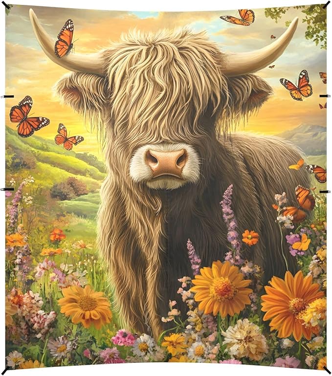 ALAZA Highland Cow Flowers Butterfly Beach Tent Sun Shelter Portable Canopy Sunshade for Outdoor Camping Picnics Backyard Fun 10x9 ft