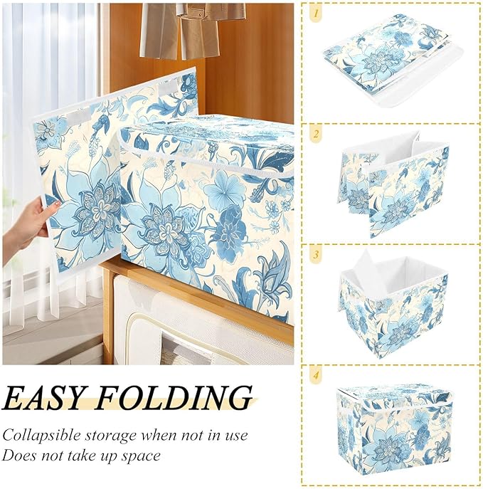 Blue Line Flowers Lidded Storage Bins with Handles - 16.5x12.6x11.8 Foldable Organizing Box Oxford Fabric &amp Honeycomb Board Dust-Proof Flip Lid for Closet/Office