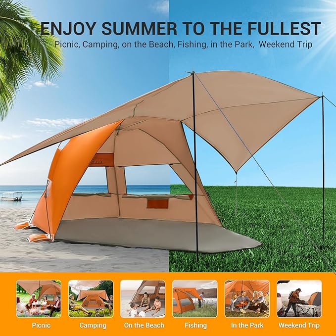 Elegear CumbreX™ Beach Tent with 360° Removable Canopy 4-6 Person Pop Up Sun Shade Shelter UPF 50+ Automated Installation Double Silver Coating Portable Lightweight Beach Cabana for Outdoor Orange