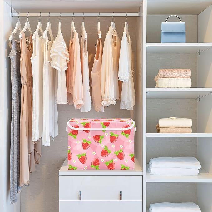 Storage Box Strawberry Fruits Closet Storage Bins with Lids Foldable Oxford Fabric Storage Box for Home Bedroom Closet Office (16.5x12.6x11.8 in)