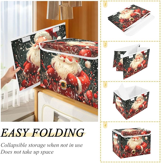 Collapsible Storage Bins with Lids Decorative Fabric Storage Cubes Closet Organizer and Storage Basket Boxes Containers for Clothes Box Chest Nursery Folding Rectangle Red Christmas Sante Cla