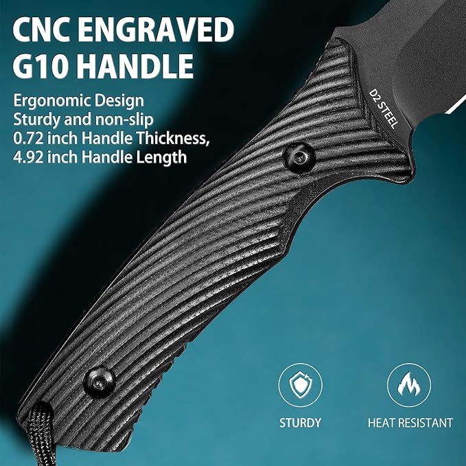 LOTHAR KA52 Fixed Blade Knife Sharp D2 Steel Blade Survival Knives with Kydex Sheath Hunting Knives with G10 Handle Camping Bushcraft Knife for Outdoor Camping Gifts For Men