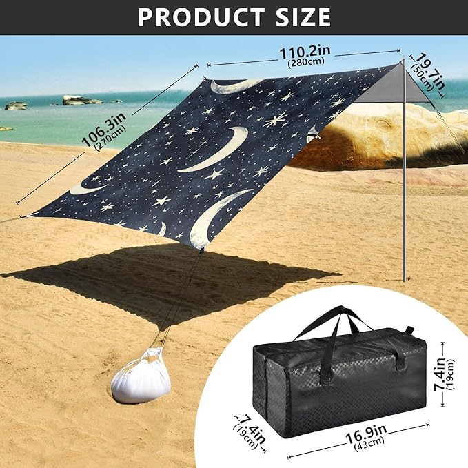 ALAZA Moon Stars Seamles Beach Tent Sun Shelter Portable Canopy Sunshade for Outdoor Camping Picnics Backyard Fun 10x9 ft