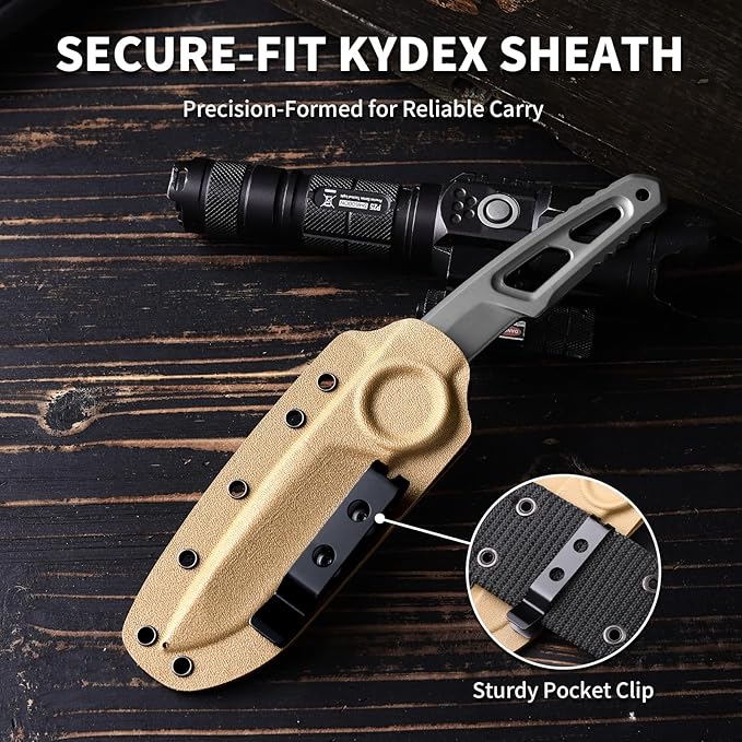 EDC Fixed Blade Knife with Sheath Camping Knife Fixed Blade 3.3 DC53 Steel Outdoor Survival Blade Full Tang Hunting Knives for Men Women IB-02 Silver