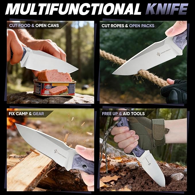 Dream Reach Fixed Blade Knife - D2 Steel Tactical Knife with Ergonomic Full Tang Handle and Kydex Sheath for Outdoor Camping Survival Gift for Men Women Purple