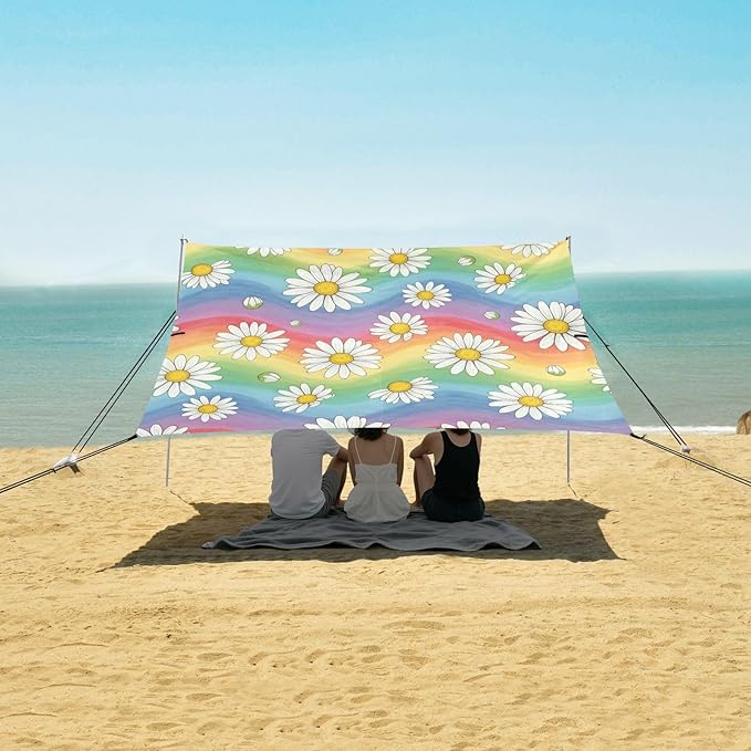 xigua Daisy Beach Tent Sun Shelter with Carrying Bag - Silver Coated Oxford Fabric Beach Canopy for Beach Camping Fishing - Includes Windproof Ropes Sandbags &amp Stakes