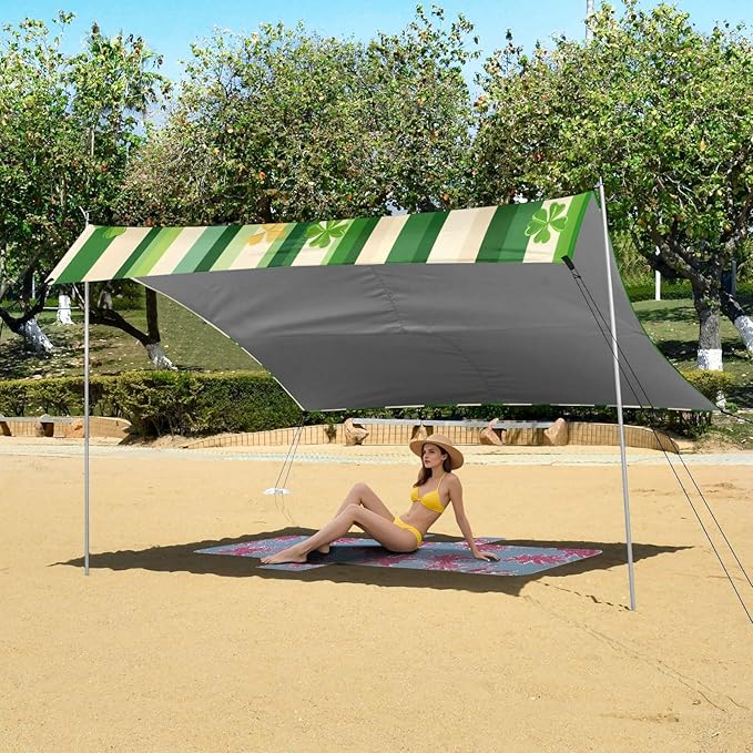 St Patrick's Striped Shamrocks Beach Tent Sun Shelter Set UPF50+ UV Protection 10.5 x 9.19 FT Camping Shade Canopy with Sandbags Sand Anchors Carrying Bag and Others