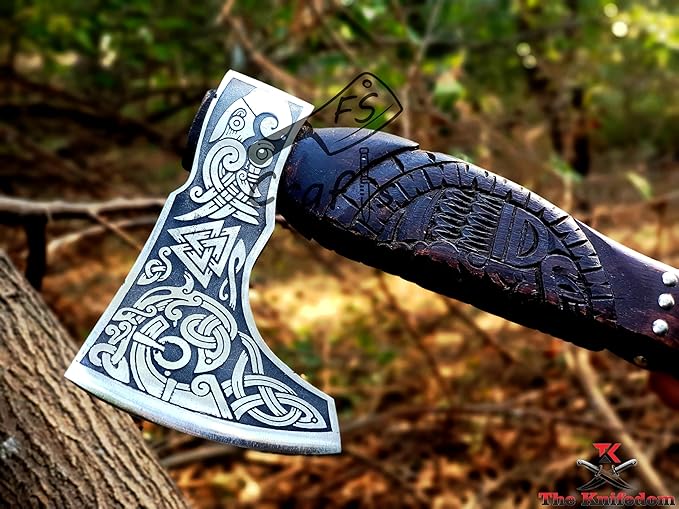 FS Crafts 21 Custom Handmade Carbon Steel Viking Axe Hand Forged Outdoor Hunting Camping Norse Axe Hatchet Bearded Dane Axe Ragnar Engraved Handle with Leather Sheath AXE003FR