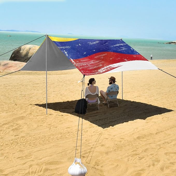 Flag of Colombia Stable Beach Tent UPF50+ Easy Setup Shade Sun Shelter with Sandbags Sand Shovel Poles for Camping Picnics Backyard