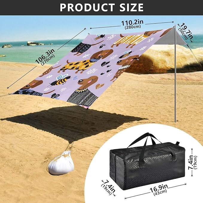 ALAZA Purple Background Dog Pattern Beach Tent Sun Shelter Portable Canopy Sunshade for Outdoor Camping Picnics Backyard Fun 10x9 ft