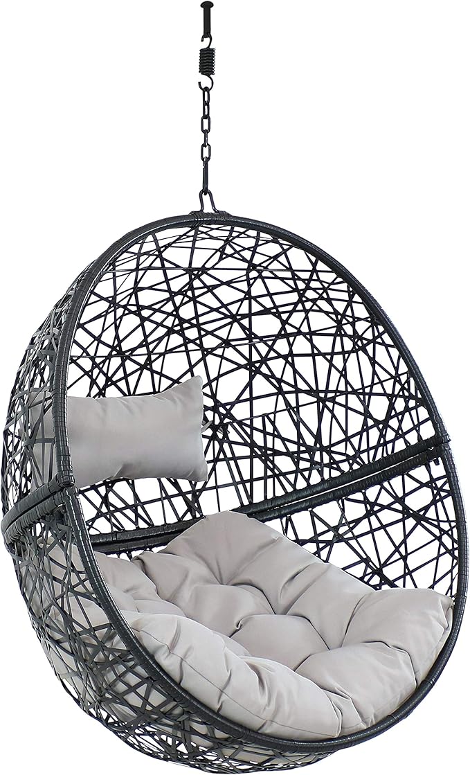 Sunnydaze Jackson Resin Wicker Hanging Egg Chair - 265-Pound Weight Capacity - Removable Gray Polyester Cushions