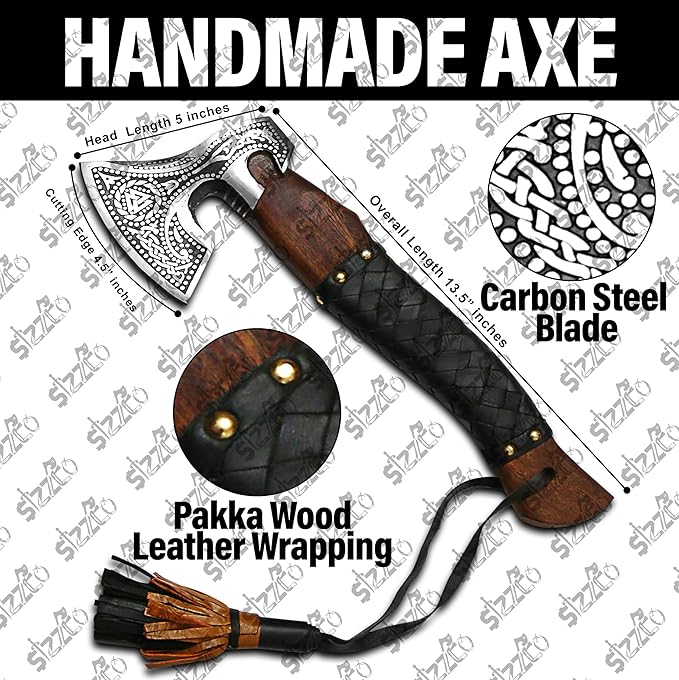 Russian Valknut Wood Viking Style Bearded Axe Tomahawk - Real Hatchet Best Gift for Anniversary Valentine's Day Birthday Premium Leather Sheath with Leather Wrap Handle Perfect Hand Grip