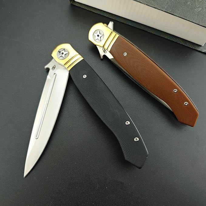 10 Large Finka-NKVD Flipper Opening Pocket KnifeFolding Knives with Clip and Liner Lock440C Blade and Brown G10 HandleEDC Tool for CampingHikingFishing (Black)