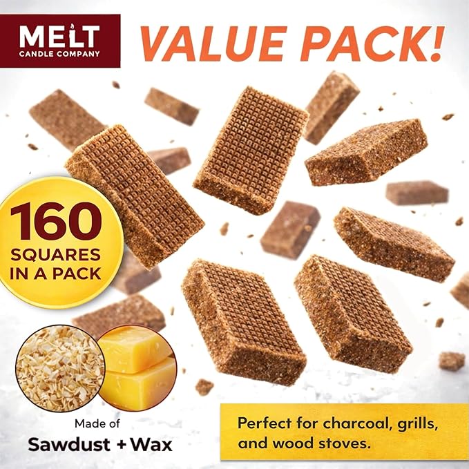 Fire Starter Squares 160 pcs - Charcoal Fire Starters for Campfires Grill Outdoor Pit Fireplace Wood Stove BBQ - Firestarter Sticks Water Resistant &amp Odorless - Camping Accessories Essentia