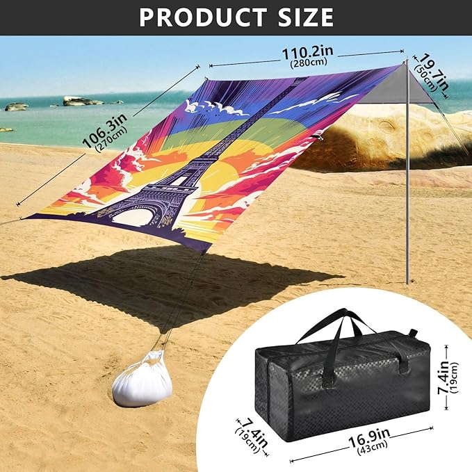 ALAZA Eiffel Tower Sunset Rainbow Beach Tent Sun Shelter UPF50+ Protection Beach Shade Canopy w/ 4 Sandbags for Outdoor Camping Fishing Backyard Fun Picnic 10x9 ft