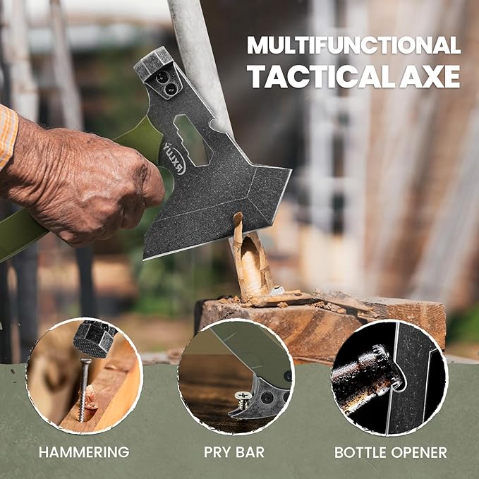 Tactical Axe with G10 Handle Camping Survival Hatchet Multifunctional Hiking Outdoor Heavy Duty Full Tang Tomahawk Tools with Hammer Unique Design Crowbar Leather Sheath (Green)