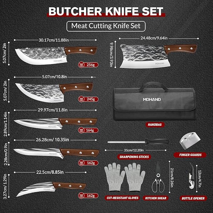 MDHAND Butcher Knife Set Hand Forged Butcher Chef Knife Set with Roll Bag Sharp Heavy Duty Bone Chopper Knives &amp Boning Knife for BBQ Outdoor Camping Meat Cleaver Tools Gifts for Men Women