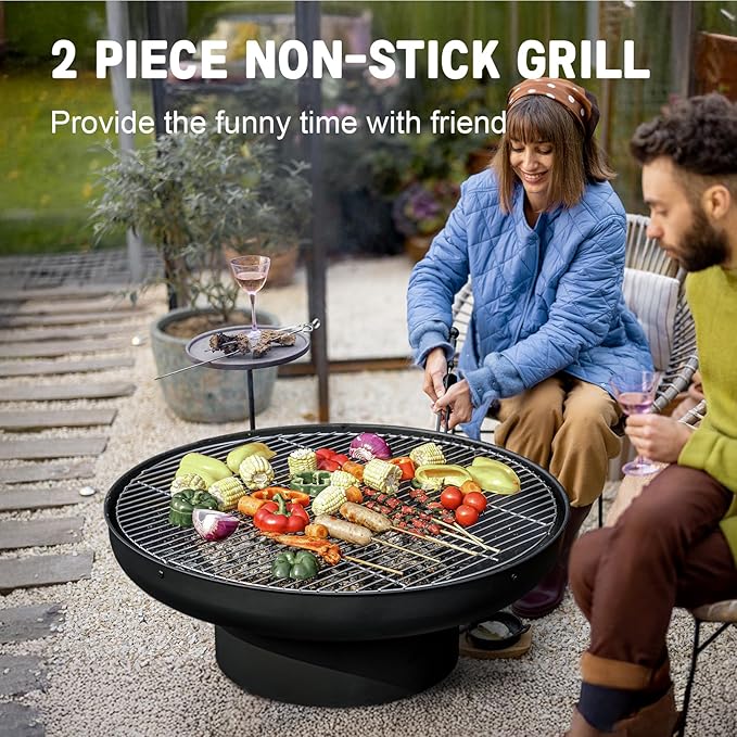 Panovue 32in Fire Pit Table with LidHeavy Duty and Deep Fire BowlOutdoor Wood Burning BBQ Grill Firepit Bowl with Cover Lid Fire Pit for Outside Table for Backyard Bonfire Patio Picnic
