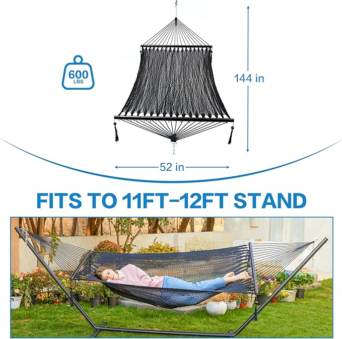 PNAEUT Double Rope Hammocks for Outside Handwoven Double Caribbean Hammock with Spreader Bar for Outdoor Indoor Max 600 lbs Capacity (Abyss)
