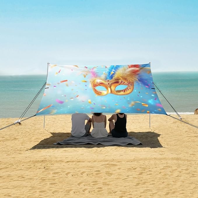 Carnival Masquerade Mask Mardi Gras Pattern Beach Tent Sun Shelter Set UPF50+ UV Protection 10.5 x 9.19 FT Camping Shade Canopy with Sandbags Sand Anchors Carrying Bag and Others