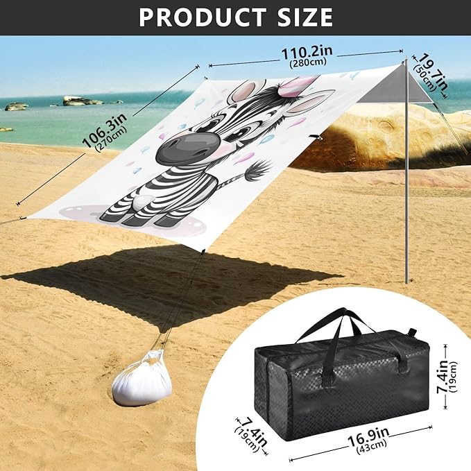 ALAZA Cute Happy Party Zebra Beach Tent Sun Shelter Portable Canopy Sunshade for Outdoor Camping Picnics Backyard Fun 10x9 ft