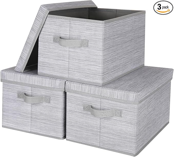 WUIKE Storage Bins with Lids Collapsible Stackable Storage Bins with Handles Clothing Storage Containers for Closet Fabric Shelf Baskets Large Light Gray/Slub Gray 3-Pack