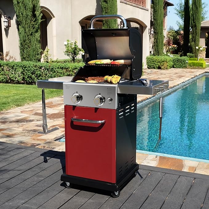 Permasteel 2-Burner Propane Gas Grill BBQ Grill with Foldable Side Tables &amp Tool Hooks Perfect for Outdoor Cooking Patio &amp Garden Red