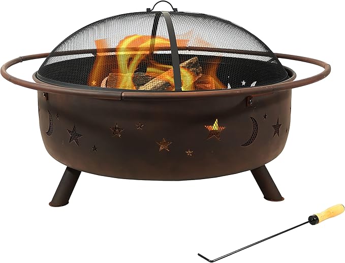 Sunnydaze Cosmic 42-Inch Large Outdoor Fire Pit - Wood-Burning Fire Pit with Round Spark Screen Poker and Built-in Grate